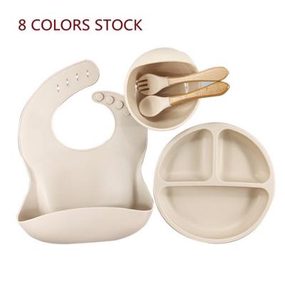 5PCS silicone baby feeding set bowl bib plate spoon fork